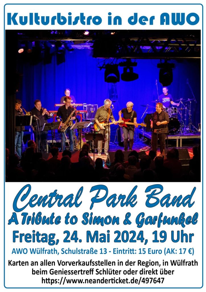 Central Park Band – A Tribute to Simon & Garfunkel sind am Freitag, 24. Mai um 19:00 Uhr zu Gast im Kulturbistro in der AWO in Wülfrath, Schulstraße 13. Karten zum Preis von 15 Euro (17 € an der Abendkasse) gibt’s überall da, wo es Karten gibt in der Region, in Wülfrath beim Genießertreff Schlüter oder direkt über https://www.neanderticket.de/497647 Vor 35 Jahren am 19.September 1981 ist die Sensation perfekt. Das Reunion Konzert von Simon & Garfunkel im Central Park in New York. Die unvergesslichen Songs dieses Abends und das Feeling dieser Zeit bringt die Central Park Band seit 25 Jahren auf die Bühne. Ein magischer Moment – wenn ein ganzer Saal in den Refrain von „Bridge over troubled water“ einstimmt! All das hat die Central Park Band mit ihrem Tribute to Simon & Garfunkel zu bieten – aber es ist mehr als das! Eine Band mit Rock ’n’ Roll, Kraft, Energie und Dynamik sind die andere Seite der Songs von Paul Simon und Art Garfunkel und des Repertoires der Central Park Band. Immer wieder ist sich die Zuhörerschaft einig: „ …die Funken fliegen bei der Central Park Band direkt über“; „Augen zu- und du denkst es sind wirklich Simon & Garfunkel, die da singen.“ Gab es damals zum Schlussstück im Central Park in NYC The Sounds of Silence ein großes, zufriedenes, taumelndes Meer aus Menschen mit brennenden Feuerzeugen, gibt es heute immer noch das Gänsehautfeeling mit strahlenden, mitsingenden Publikum -pur- versprochen!!